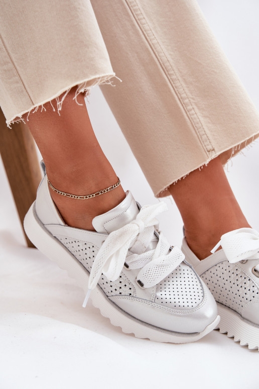 Skórzane Sneakersy Damskie Na Platformie D&A LR51-796 Srebrne