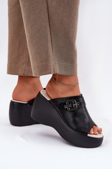 Leather Women's Sandals On Platform And Wedge With Buckle Black S.Barski LR51-542