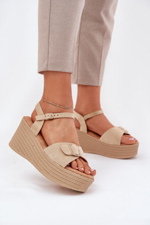 Wedge Heeled Sandals With Buckle Khaki Liniella