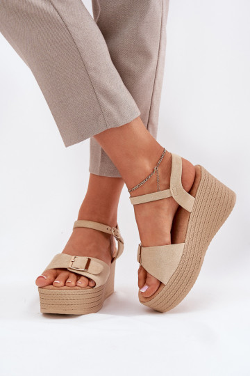 Wedge Heeled Sandals With Buckle Khaki Liniella 2