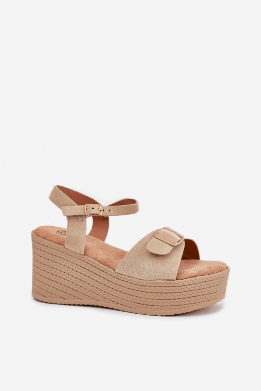 Wedge Heeled Sandals With Buckle Khaki Liniella