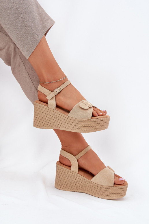 Wedge Heeled Sandals With Buckle Khaki Liniella