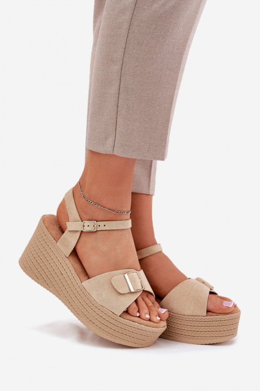 Wedge Heeled Sandals With Buckle Khaki Liniella