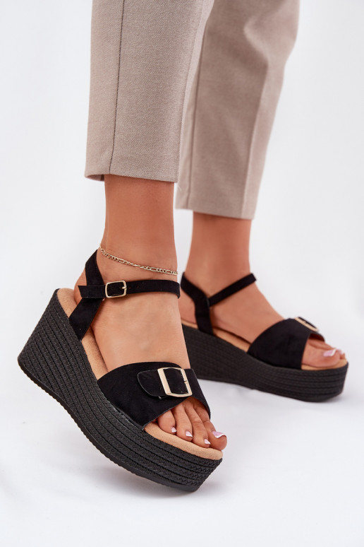 Wedge Sandals For Women With Buckle Black Liniella