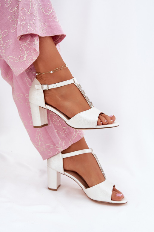 Ladies Heeled Sandals With Decorative Strap Eco Leather White Triavera