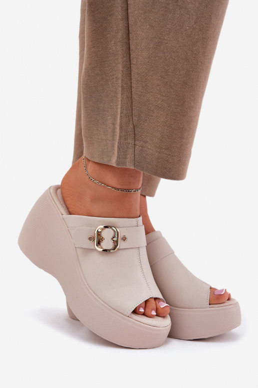 Leather Women's Sandals On Platform And Wedge With Buckle Beige S.Barski LR51-542