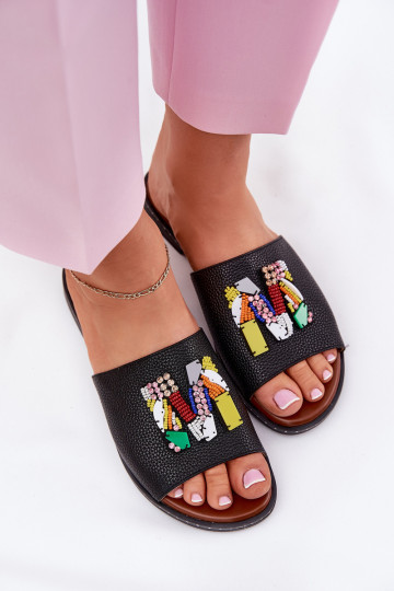 Womens sandals on flat heel with decoration black Clelione