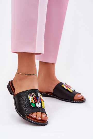 Womens sandals on flat heel with decoration black Clelione 2