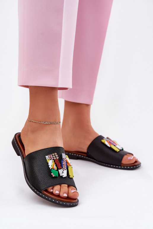 Womens sandals on flat heel with decoration black Clelione