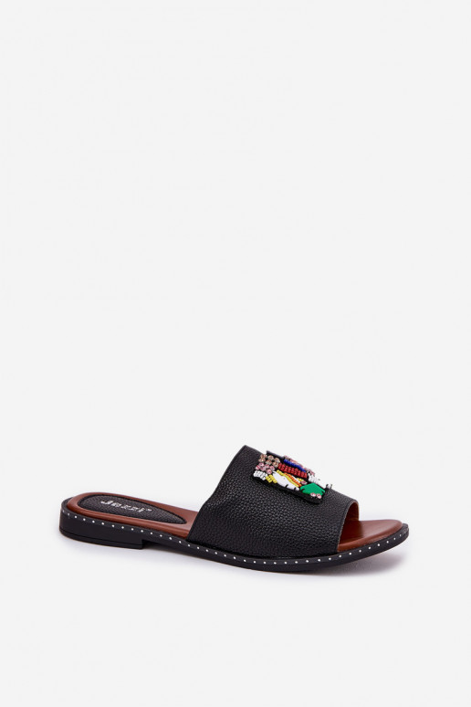 Womens sandals on flat heel with decoration black Clelione