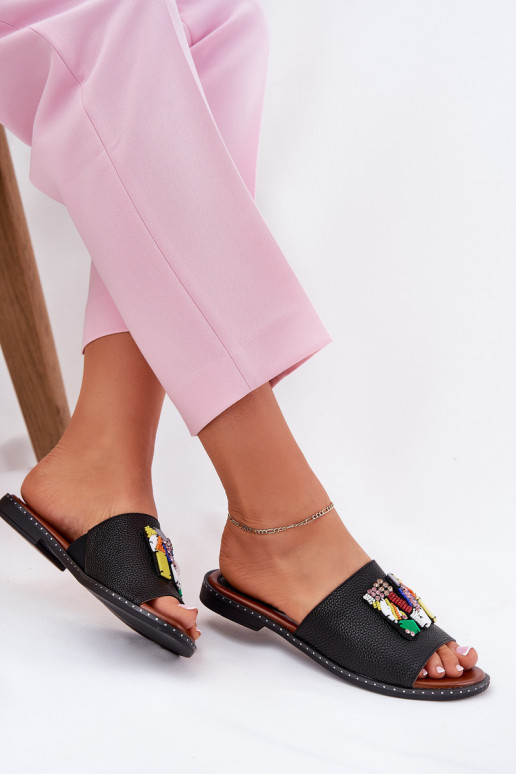 Womens sandals on flat heel with decoration black Clelione