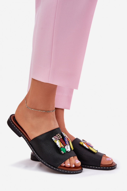 Womens sandals on flat heel with decoration black Clelione