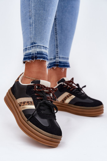 Sneakersy Damskie Na Platformie Z Podwójnym Sznurowaniem Panterka Czarne Niteria