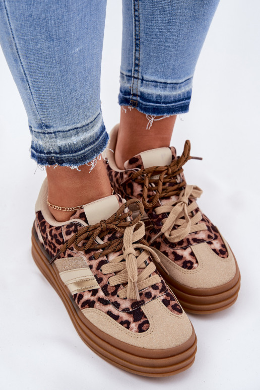 Women's Platform Sneakers With Double Lacing Leopard Beige Niteria