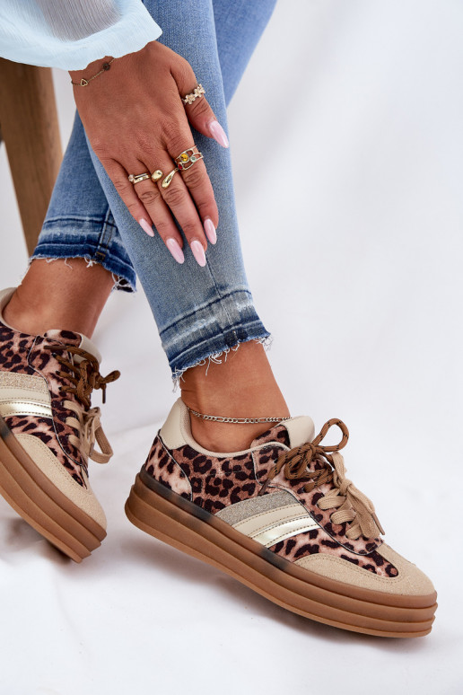 Women's Platform Sneakers With Double Lacing Leopard Beige Niteria