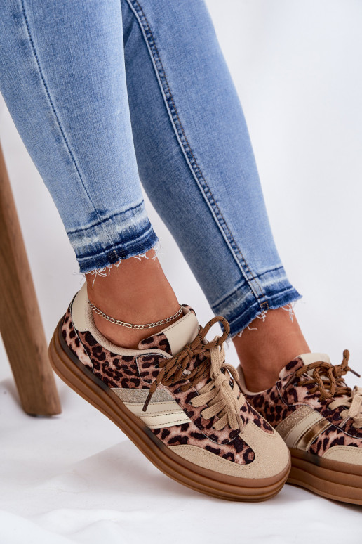 Women's Platform Sneakers With Double Lacing Leopard Beige Niteria