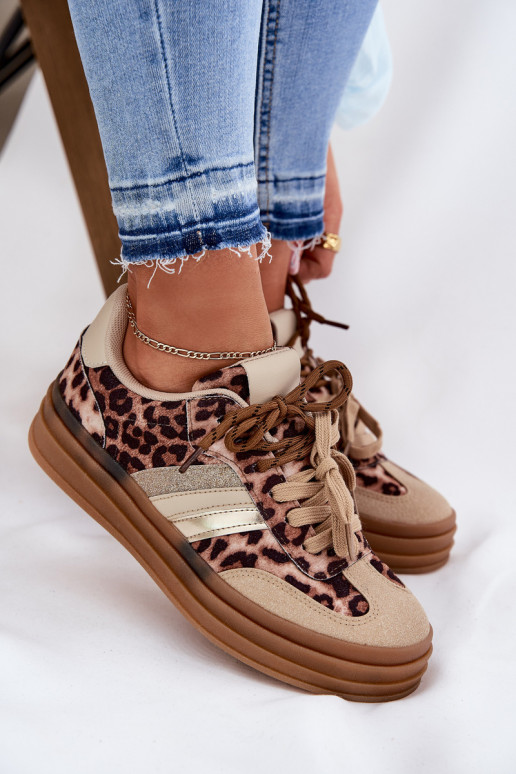 Women's Platform Sneakers With Double Lacing Leopard Beige Niteria
