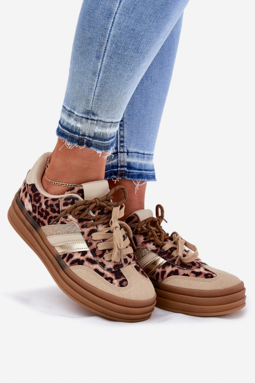 Women's Platform Sneakers With Double Lacing Leopard Beige Niteria