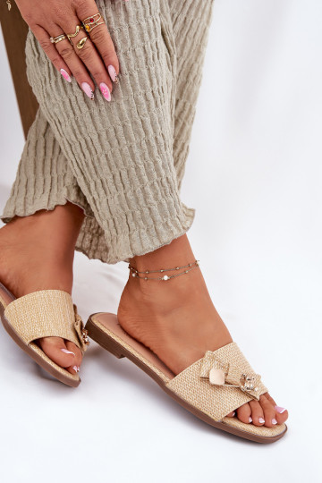 Ladies Flat Heeled Sandals With Bow Beige Sallariela
