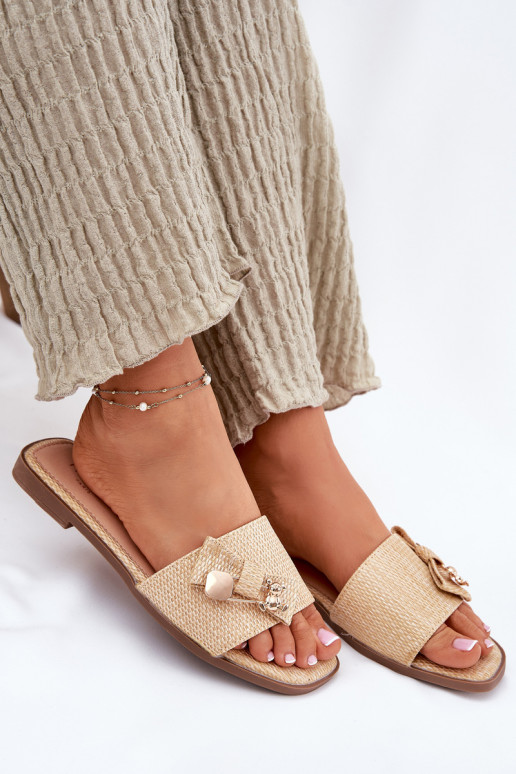 Ladies Flat Heeled Sandals With Bow Beige Sallariela