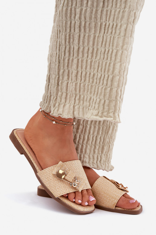 Ladies Flat Heeled Sandals With Bow Beige Sallariela