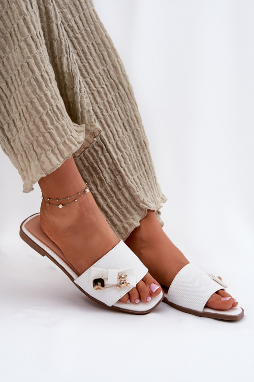 Women's Flat Heeled Slippers With Bow White Sallariela