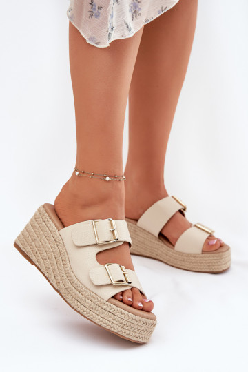 Ladies Wedge Slippers With Weaving And Buckles Beige Pasinea