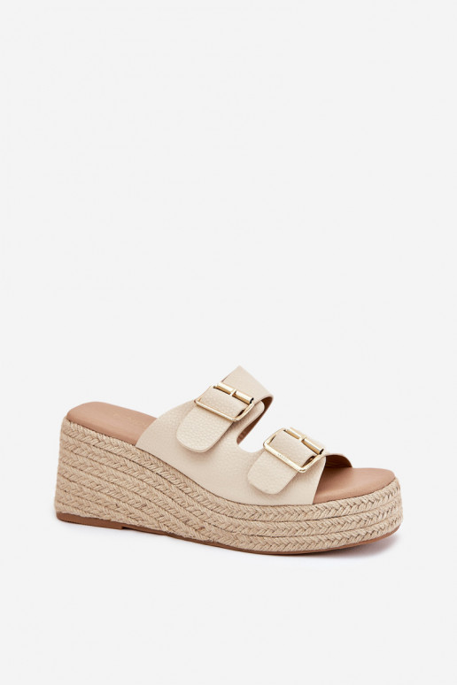 Ladies Wedge Slippers With Weaving And Buckles Beige Pasinea