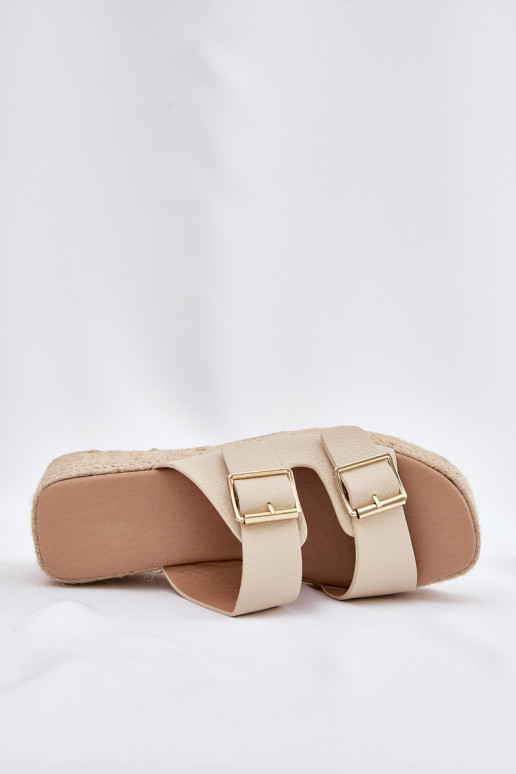 Ladies Wedge Slippers With Weaving And Buckles Beige Pasinea
