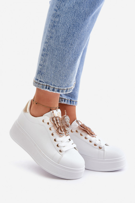 Women's Platform Sneakers With Butterfly White-Gold Naritevia
