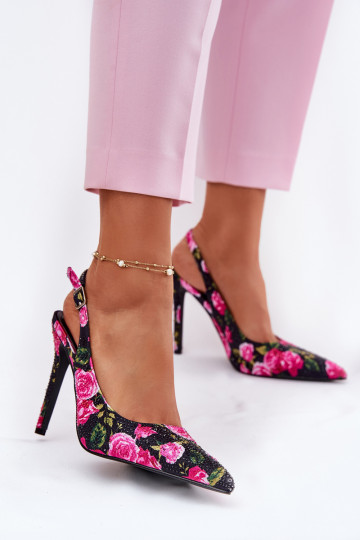 Embellished High Heels Sandals With Roses Black Vevessa