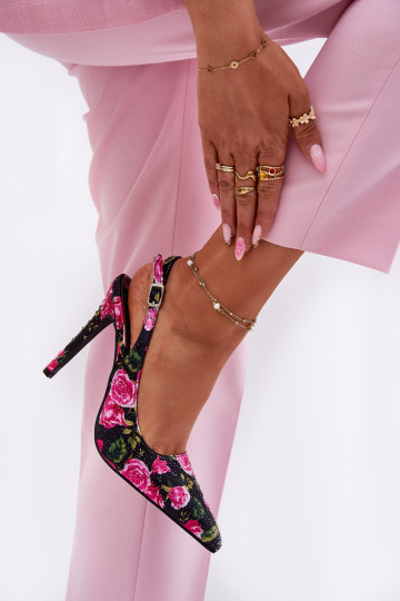 Embellished High Heels Sandals With Roses Black Vevessa 2