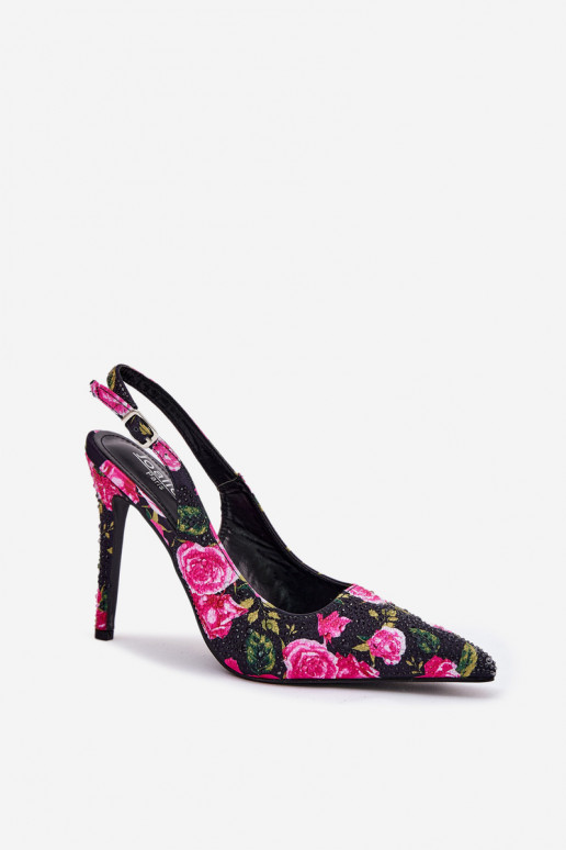 Embellished High Heels Sandals With Roses Black Vevessa