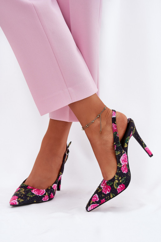 Embellished High Heels Sandals With Roses Black Vevessa