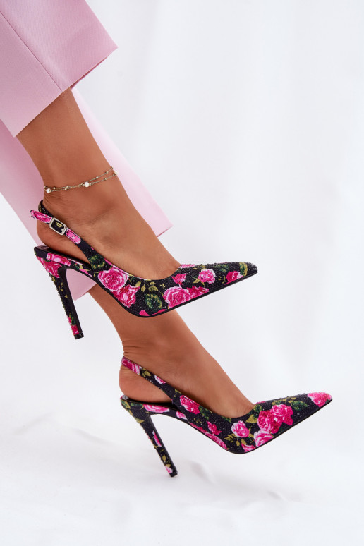Embellished High Heels Sandals With Roses Black Vevessa