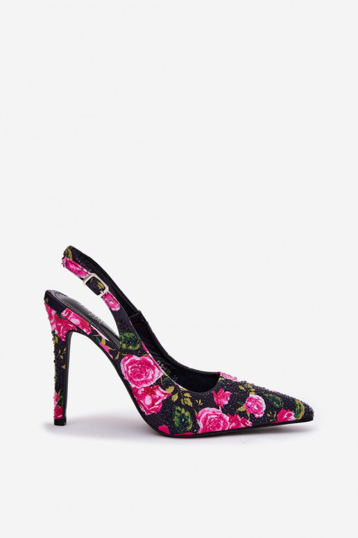 Embellished High Heels Sandals With Roses Black Vevessa