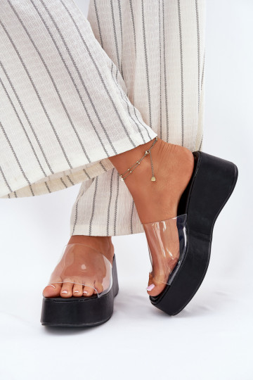 Womens sandals with transparent strap on wedge black Meltiana