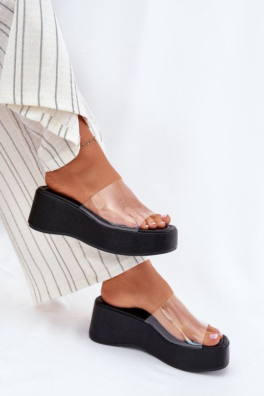 Womens sandals with transparent strap on wedge black Meltiana