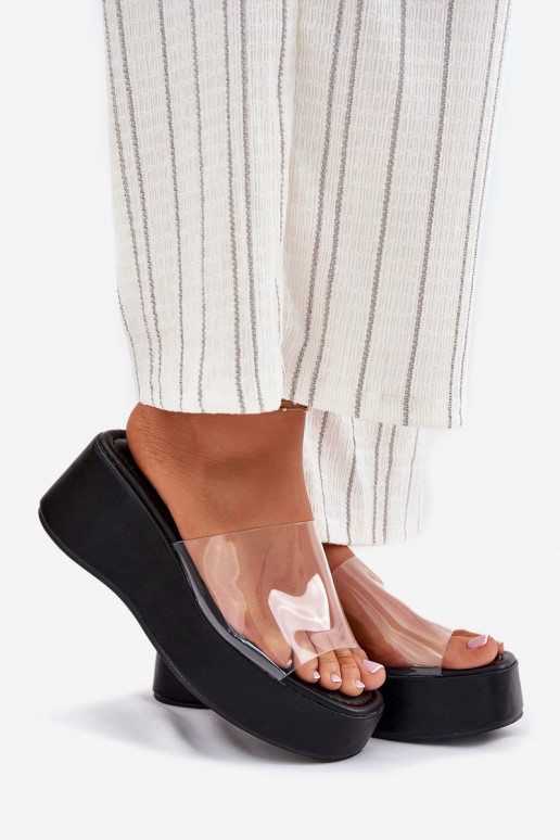 Womens sandals with transparent strap on wedge black Meltiana