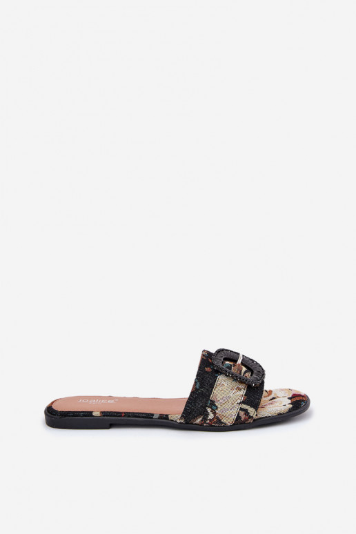 Flat Women's Slippers With Decorative Buckle Black Clariola