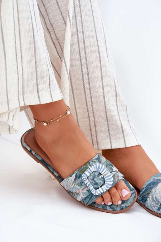 Flat Women's Slippers With Decorative Buckle Blue Clariola