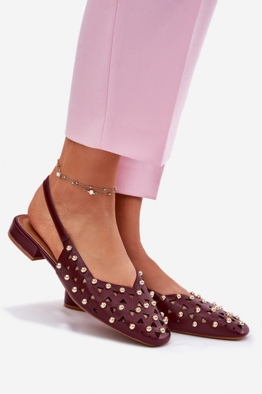 Embellished Ballet Flats On Flat Heel Burgundy Nilarisela
