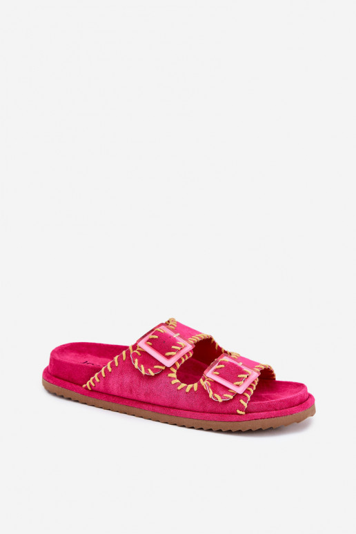 Ladies Slippers With Buckles And Decorative Trimming Fuchsia Visley
