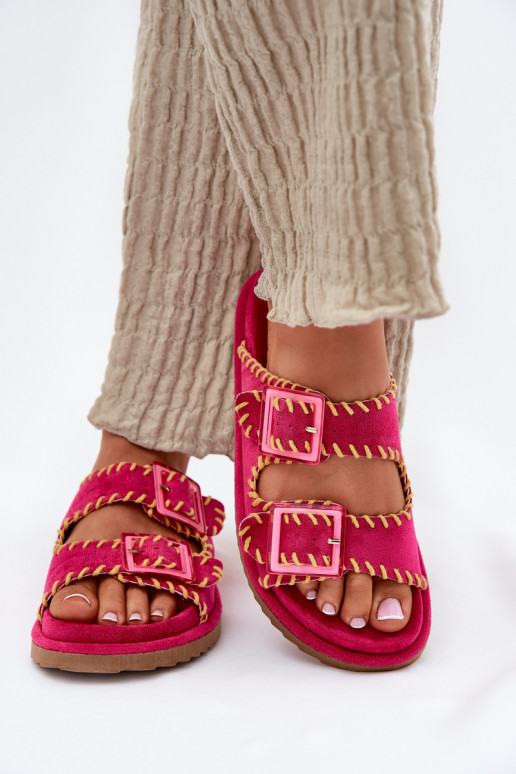 Ladies Slippers With Buckles And Decorative Trimming Fuchsia Visley