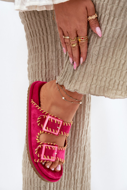 Ladies Slippers With Buckles And Decorative Trimming Fuchsia Visley