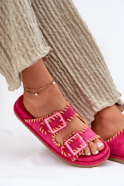 Ladies Slippers With Buckles And Decorative Trimming Fuchsia Visley