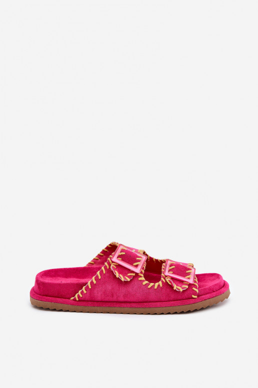 Ladies Slippers With Buckles And Decorative Trimming Fuchsia Visley