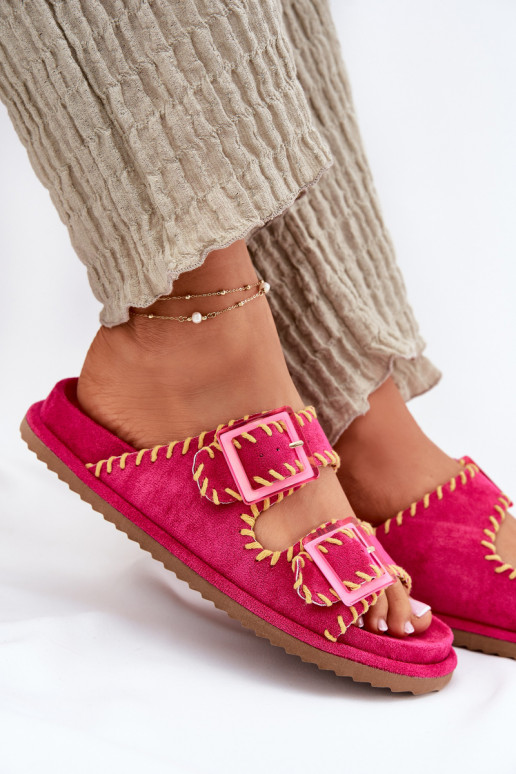 Ladies Slippers With Buckles And Decorative Trimming Fuchsia Visley