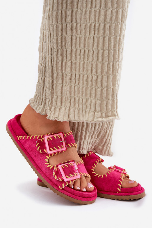 Ladies Slippers With Buckles And Decorative Trimming Fuchsia Visley