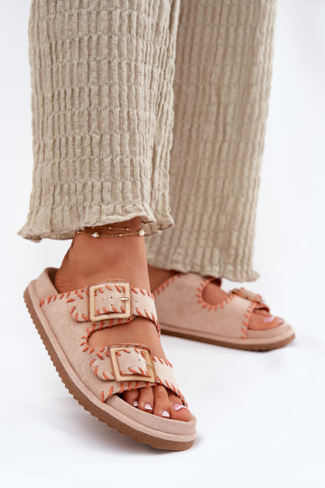 Women's Sandals With Buckles And Decorative Stitching Beige Visley